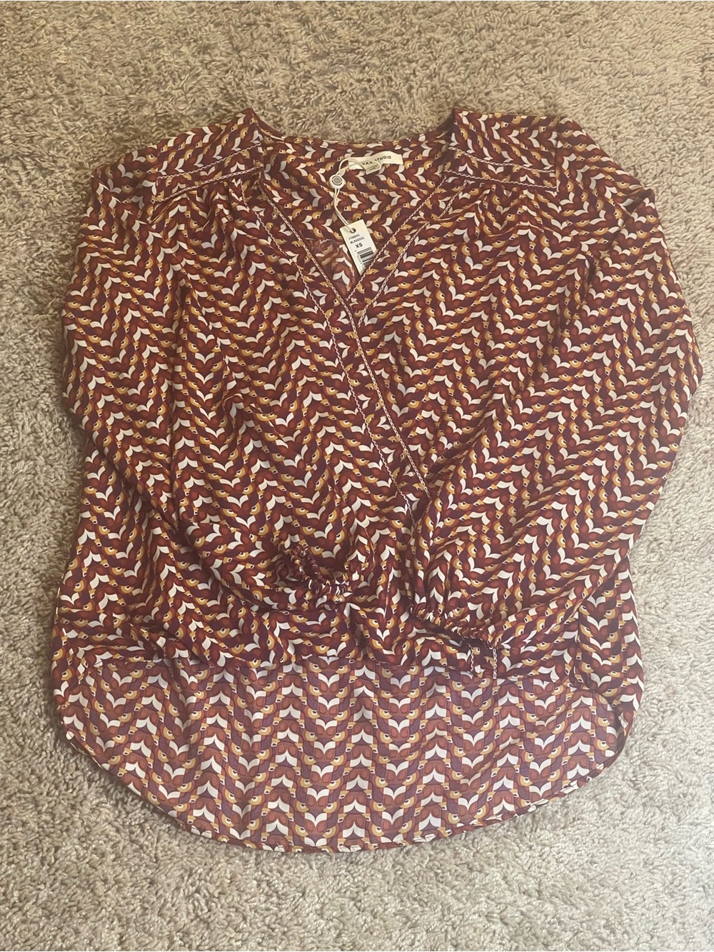 Max Studio Burgundy and Brown Chevron Print Long Sleeve Blouse